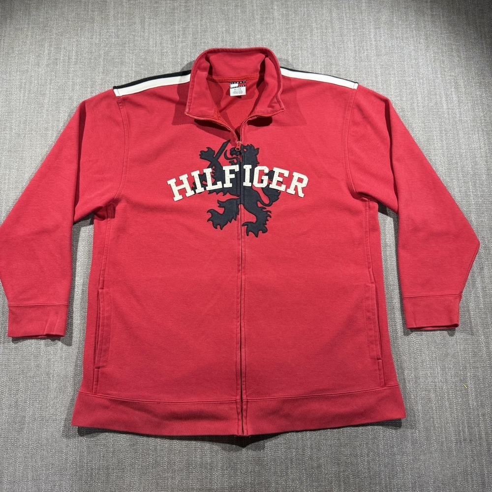 Tommy Hilfiger Jacket Mens XL Red Full Zip Y2K Lion Crest‎ Logo Graphic